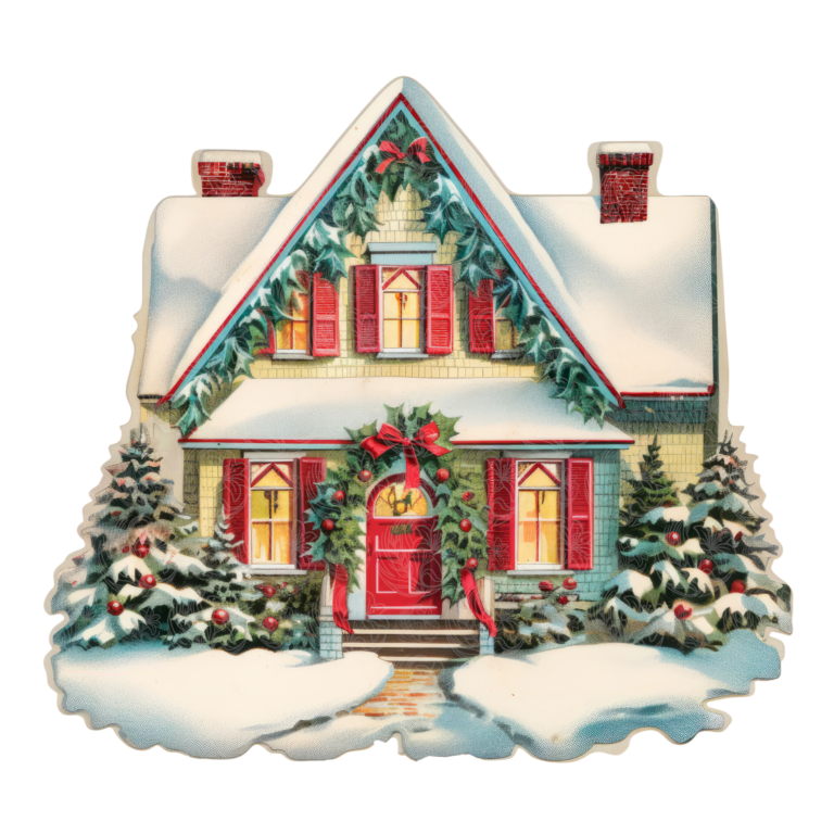 Vintage christmas house with snow-covered roof, red shutters, wreaths, and evergreen trees, Grey Barn Handwerk, Saskatchewan.